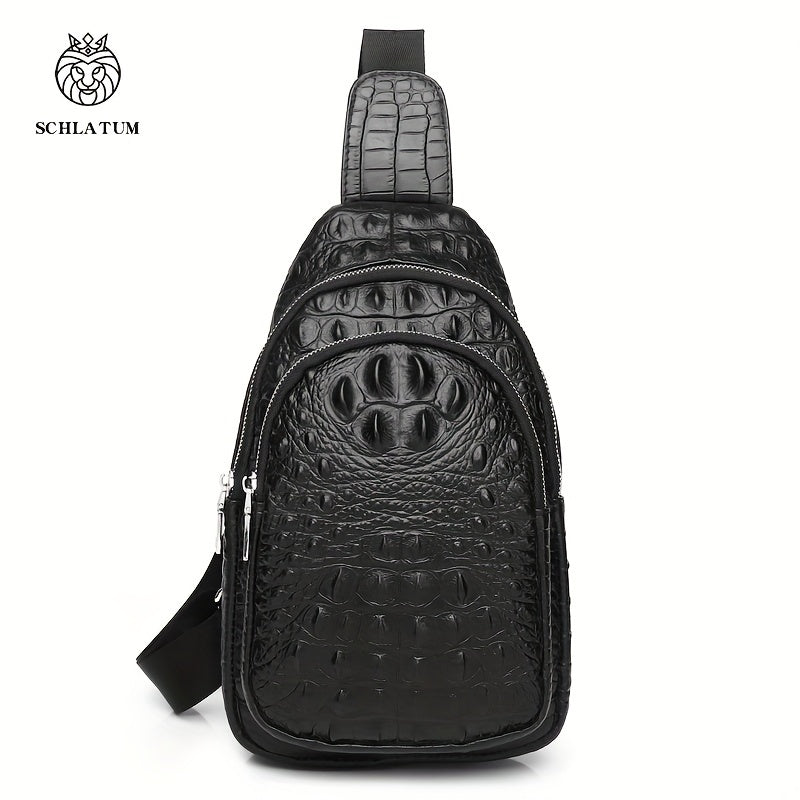 SCHLATUM Genuine Leather Crocodile Pattern Sling Bag - Black, Large-Capacity Multifunctional Crossbody Backpack for Travel, Sports  Camping, Stylish Zipper Closure Design