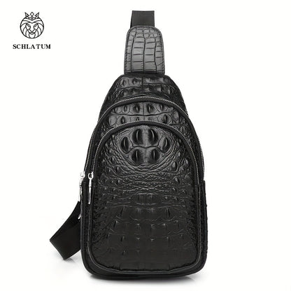 SCHLATUM Genuine Leather Crocodile Pattern Sling Bag - Black, Large-Capacity Multifunctional Crossbody Backpack for Travel, Sports  Camping, Stylish Zipper Closure Design