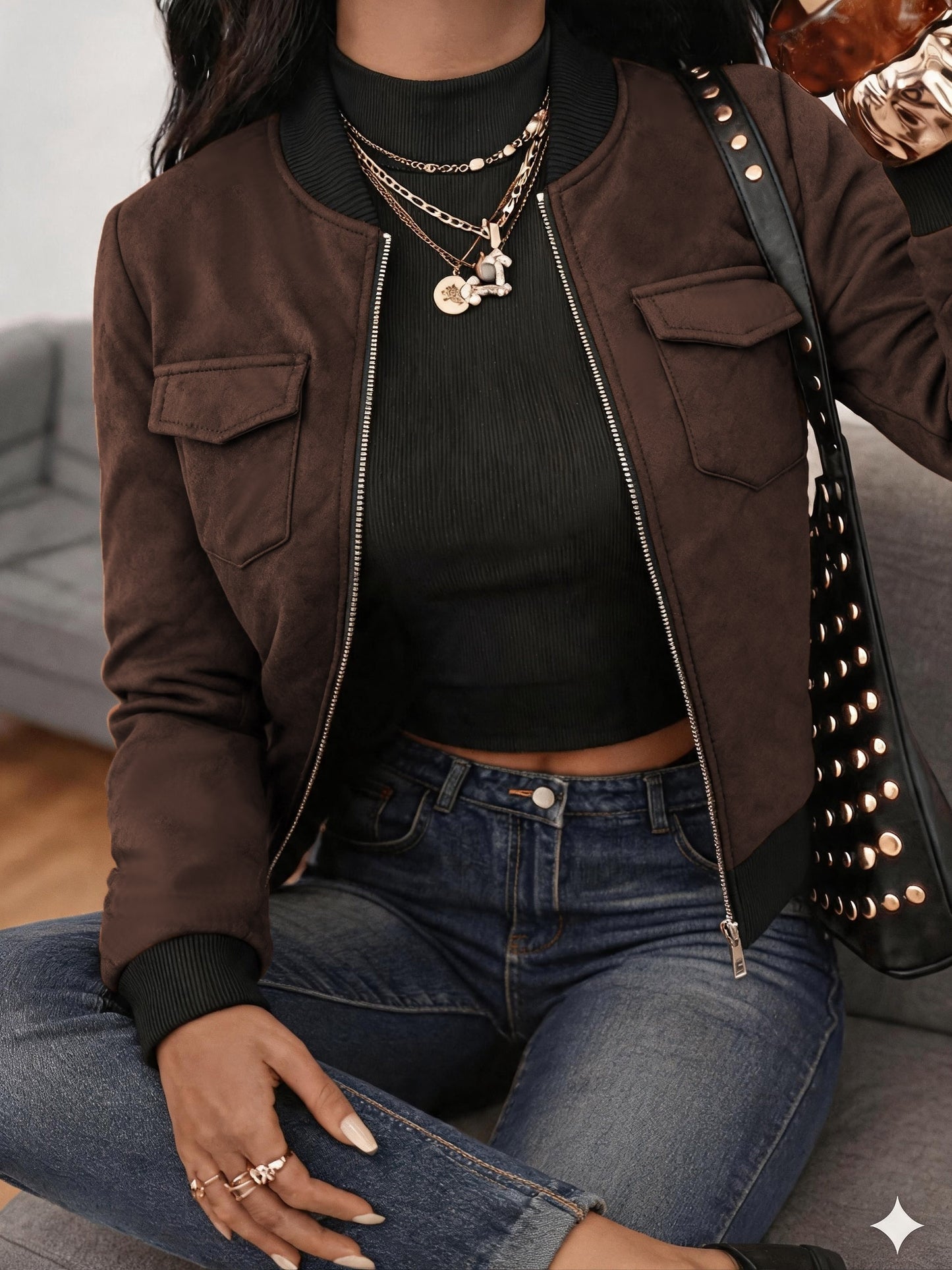 Women's Casual Long-Sleeve Polyester Jacket with Pockets