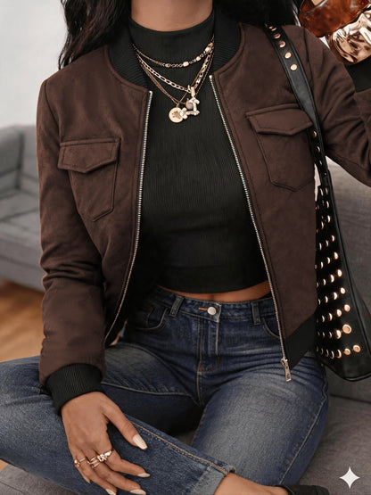 Women's Casual Long-Sleeve Polyester Jacket with Pockets