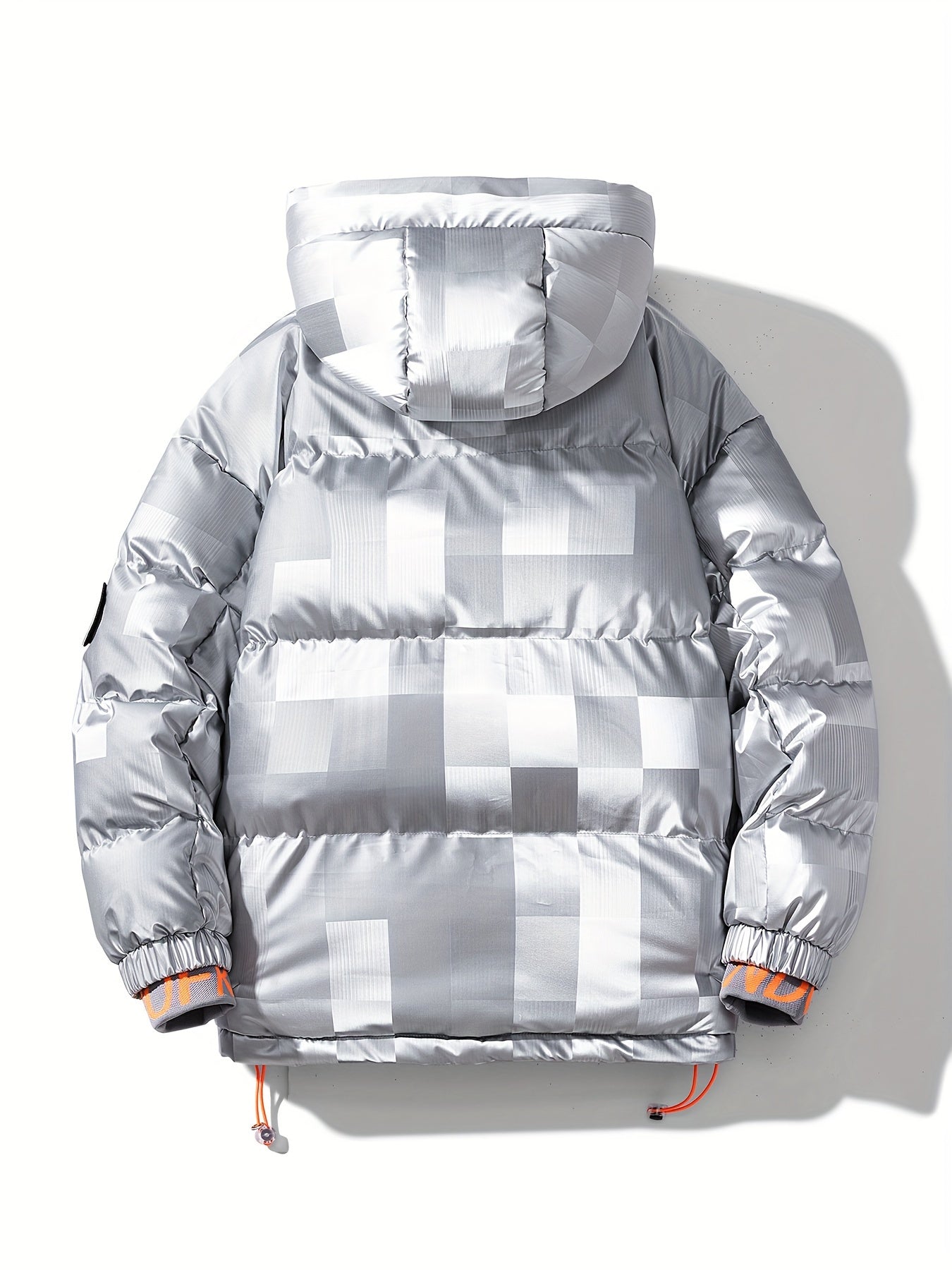 Men's Checkered Graphic Print Padded Outwear With Pockets, Casual Zip Up Long Sleeve Warm Hooded Outwear For Winter Outdoor Activities