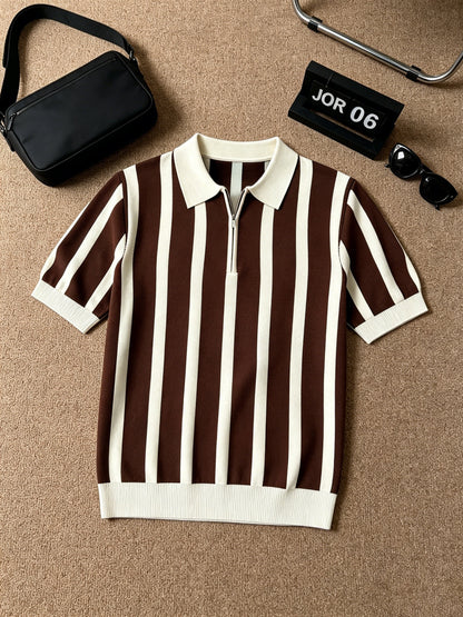 Men's Slim Fit Vertical Stripe Knit Polo with Half-Zip Collar