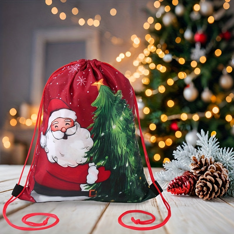 1pc Santa Claus Christmas Tree Drawstring Bag - Red & Green Holiday Gift Packaging with Santa, Snowflakes & Pine Trees, Durable Polyester Gym Bag for Christmas, New Year, Festive Design, Seasonal Decorations, Festive Occasion