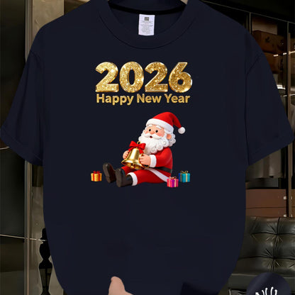 Men'S 2026 Happy New Year Santa Claus Graphic T-Shirt - Breathable Summer Casual Tee with Golden & Red Print, Regular Fit Round Neck Short Sleeve, Festive Clothing, Comfortable Fit, Holiday Shoppers