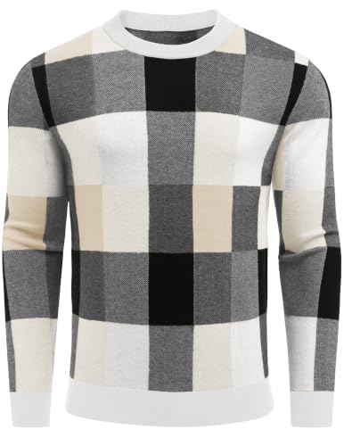 Men's Plaid Crew Neck Knit Sweater Long Sleeve Pullover