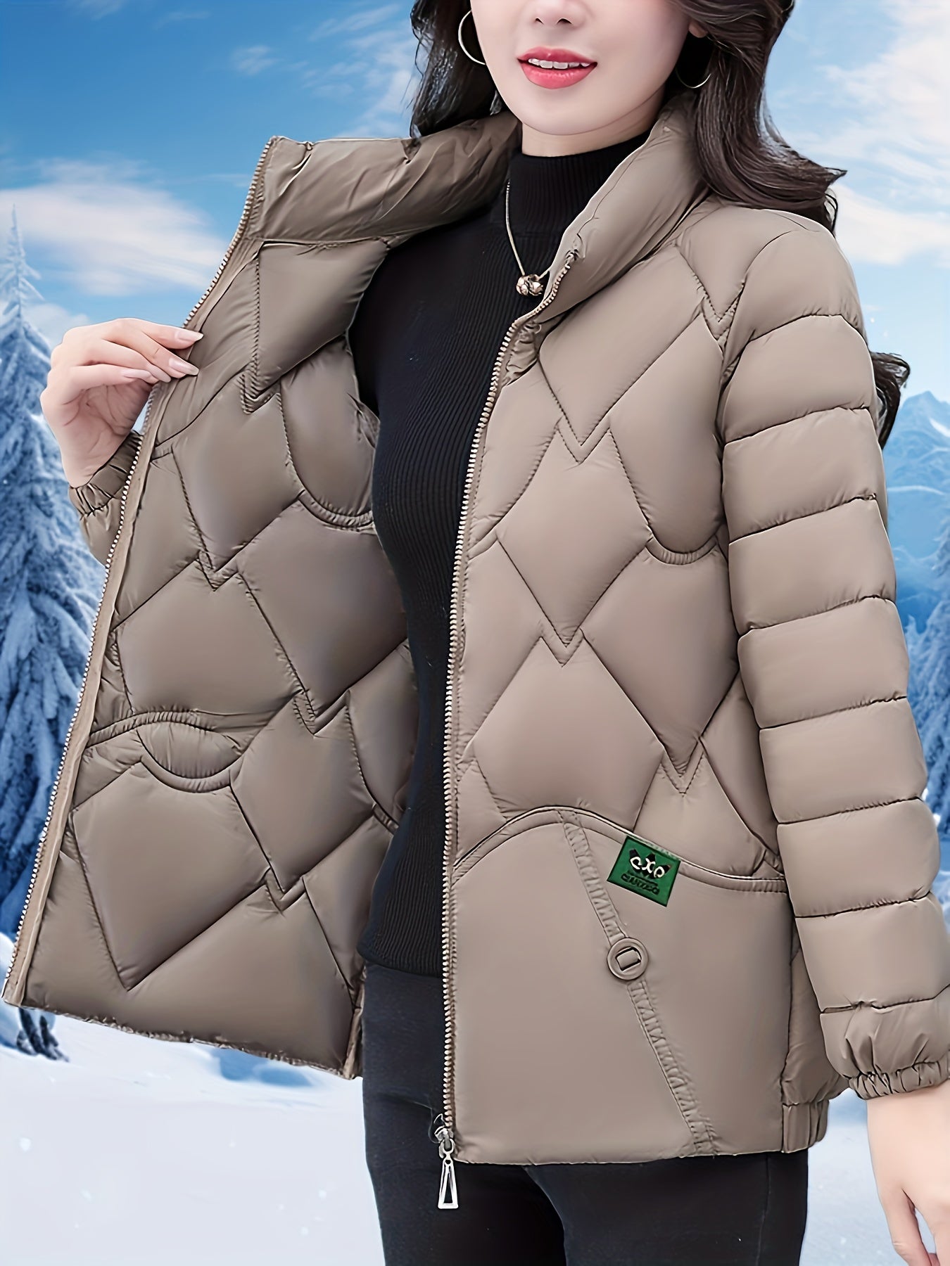 Women'S Elegant Winter Coat - Thick Warm Long Sleeve Jacket with Full-Zip Front, H-Line Silhouette, Non-Stretch Fabric for Cold Weather, Office, Party, Everyday - Asian-inspired Outerwear, Winter Coats, Office Wear, Stylish O