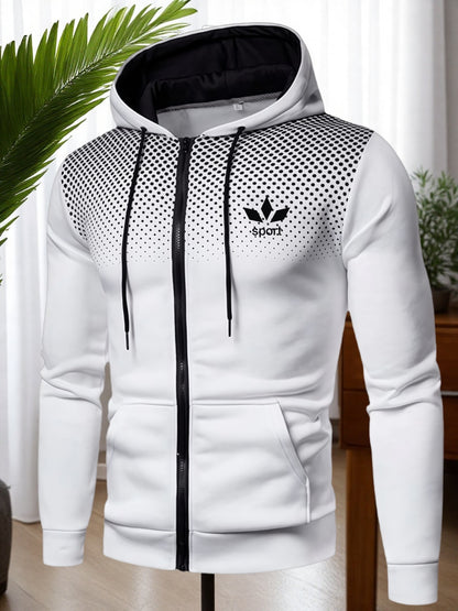 Men's Hooded Zip-Up Jacket Soft Polyester Fall Winter Sporty