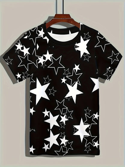 Men's Allover Color Blocking Stars Pattern Short Sleeve Crew Neck T-shirt For Summer, Casual Stylish Tee As Gift