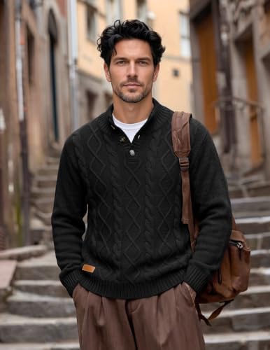 Men's Cable Knit Henley Sweater with Ribbed Stand Collar