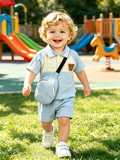 Boys' Summer Casual 3-Piece Set with Bear Patch & Shorts