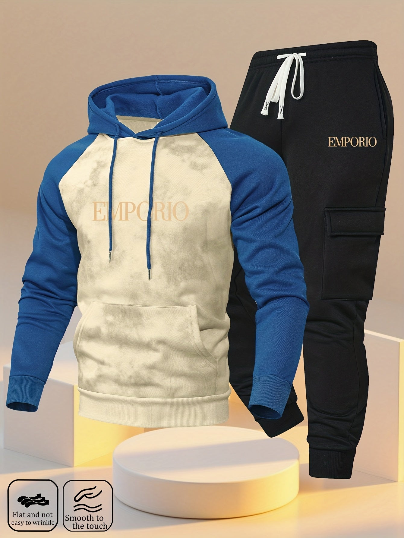 New Trendy Fashion Raglan Sleeve Colorblock Hoodie and Loose Cuffed Drawstring Cargo Pants with Multiple Pockets, Casual Daily Comfortable Versatile Breathable Hooded Sweatshirt and Loose Long Pants 2pcs Set with Stylish Prin