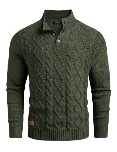 Men's Cable Knit Henley Sweater with Ribbed Stand Collar