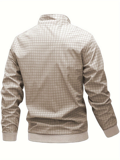 Men's Casual Outdoor Jacket - Spring/Fall Softshell Jacket with Checkered Pattern, Long Sleeves, and Zipper Closure