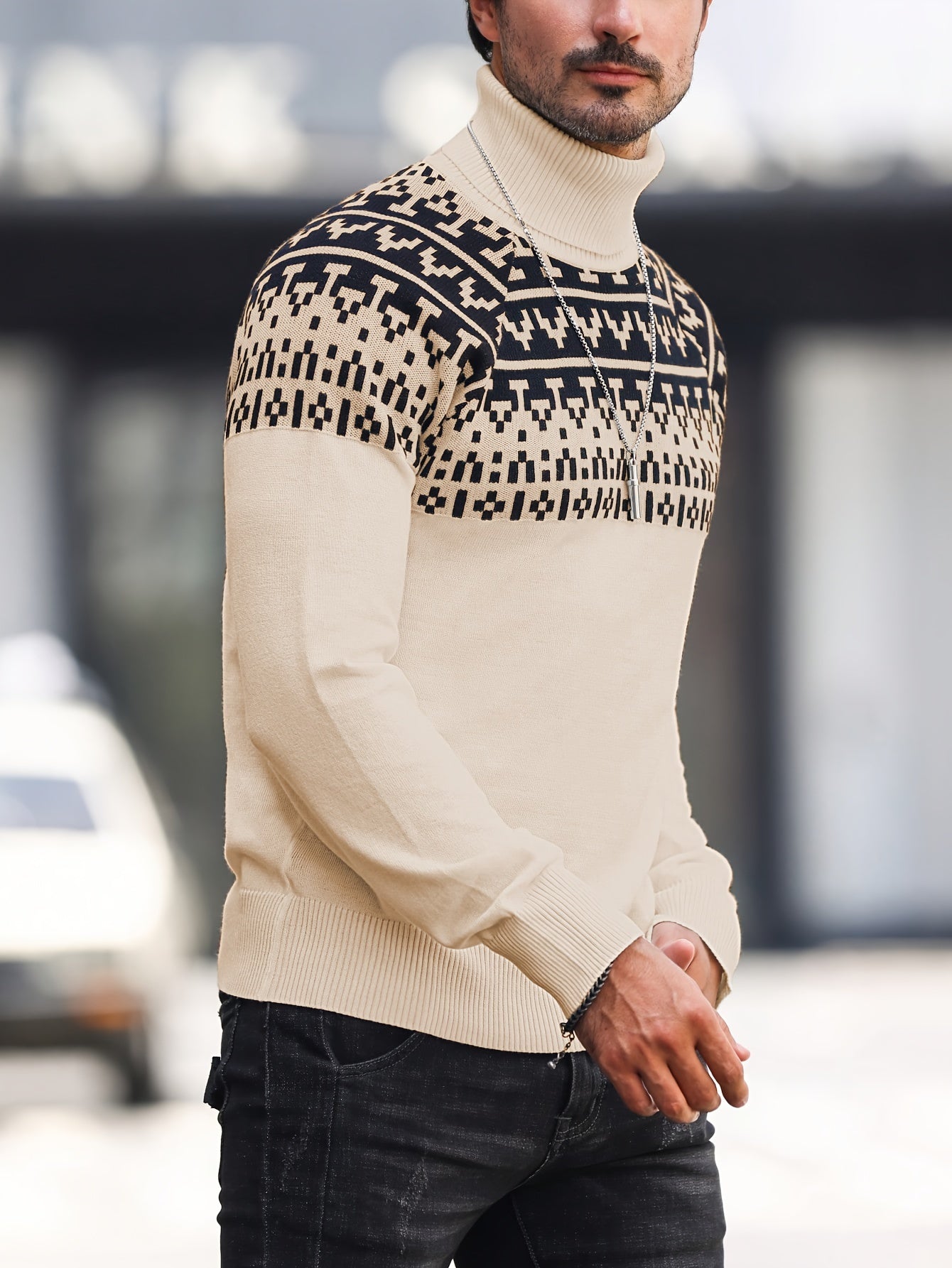 Men's Geometric Graphic Print Knitted Pullover, Casual Long Sleeve Turtle Neck Sweater For Fall Winter, Outdoor Cloth