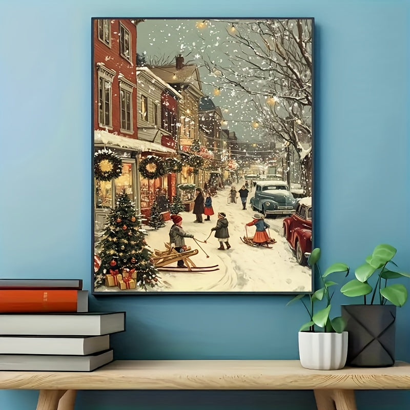 1pc Beginner DIY Adult Paint by Numbers Kit - Includes Acrylic Paints, Canvas, 3 Brushes & Instruction Manual | Winter Town Street Scene with Children Skiing and Snowboarding in a House Full of Decorations| 40x50cm/15.7x20in
