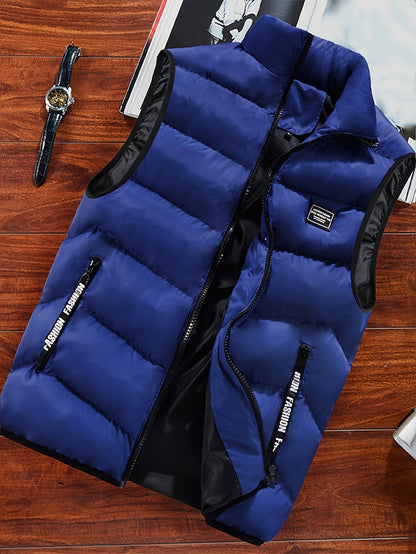 Men's Heavyweight Stand Collar Vest with Zipper Pockets for Fall/Winte