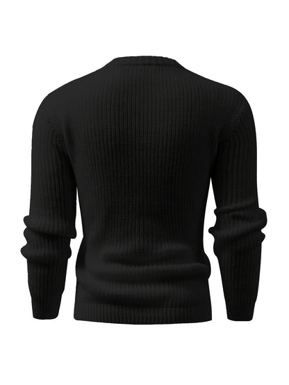 Men's Solid Color Ribbed Knit Sweater - High Elasticity Round Neck Long Sleeve, All-Season Comfort, Regular Fit Casual & Formal Wear, Easy Care Hand Wash/Dry Clean, Comfortable Fashion, Textured Fashion, Highelasticity Fabric