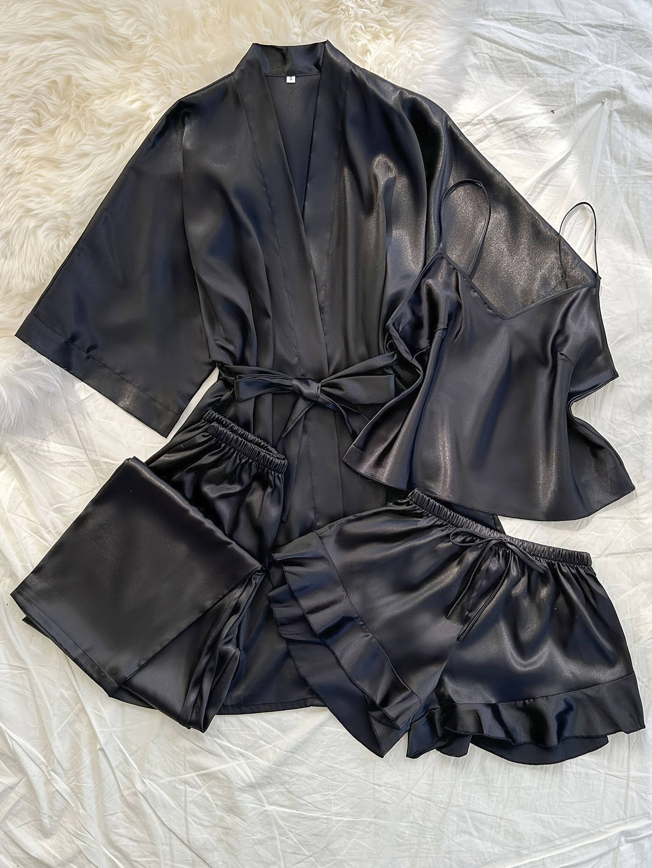 Women'S All-Season V-Neck Pajama Set - Comfortable, Sexy, Polyester 4pcs Sleepwear with Tie Waist And Drawstring Shorts, Perfect for Autumn And Winter, Autumn Winter Sleepwear | Stylish Sleepwear | Polyester Fabric