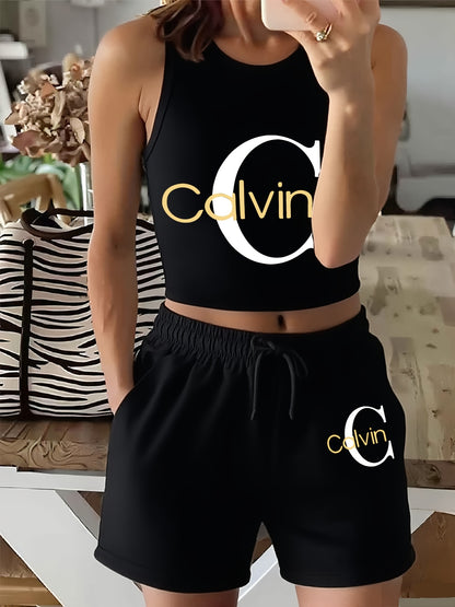 Women's Casual Two-Piece Set with Graphic Print Vest & Shorts