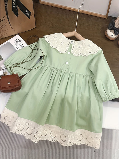 Girls' Spring/Fall Solid Color Cotton Dress with Lace Collar