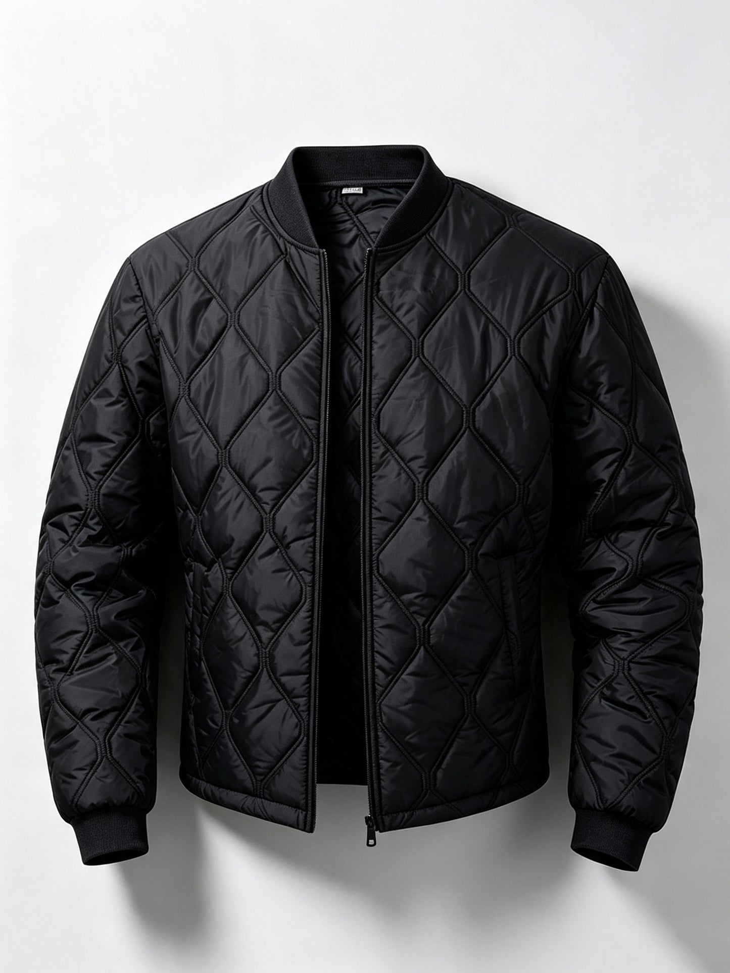 Men's Casual Black Diamond-Pattern Padded Jacket with Baseball Collar