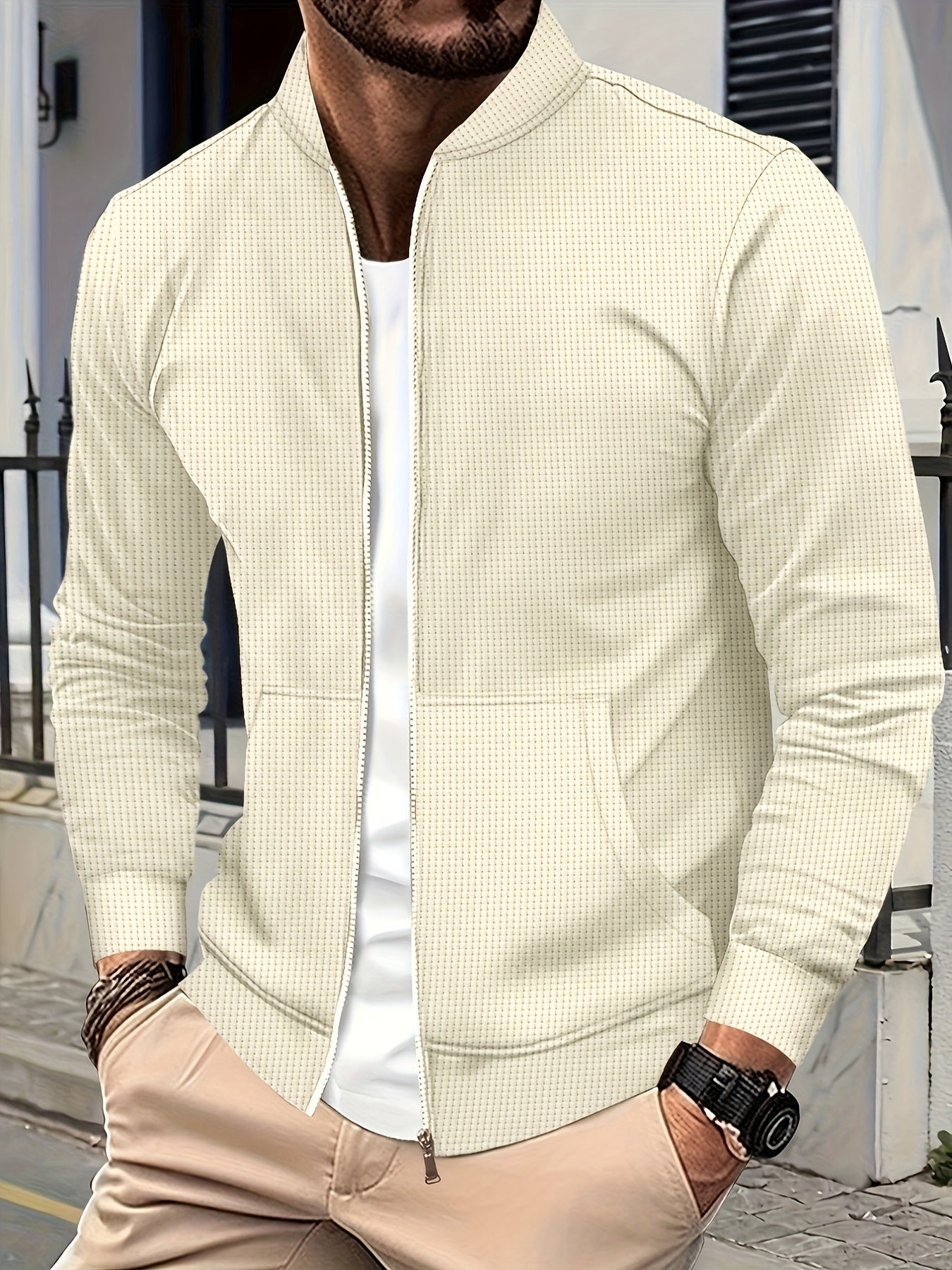 Men's Lightweight Jacket with Stand-Up Collar - Zippered Front Closure, Regular Fit Casual Coat for Everyday & Formal Wear - Spring/Fall Outerwear in White/Neutral Tones - Easy Care Zipper Jacket