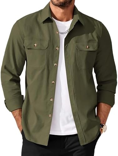 Men's Long Sleeve Button-Up Shirt Jacket with Flap Pockets