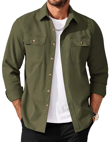 Men's Long Sleeve Button-Up Shirt Jacket with Flap Pockets