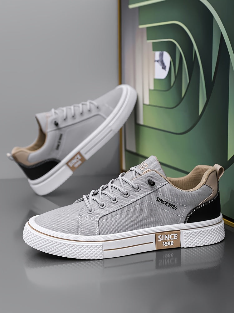 Men's Casual Low-Top Sneakers - Breathable Fabric  Durable PVC Sole, Black  Beige Contrast Design, Lace-Up Round Toe for All-Season Comfort, Versatile for Casual  Semi-Formal Wear, Comfortable Footwear, Fabric Upper