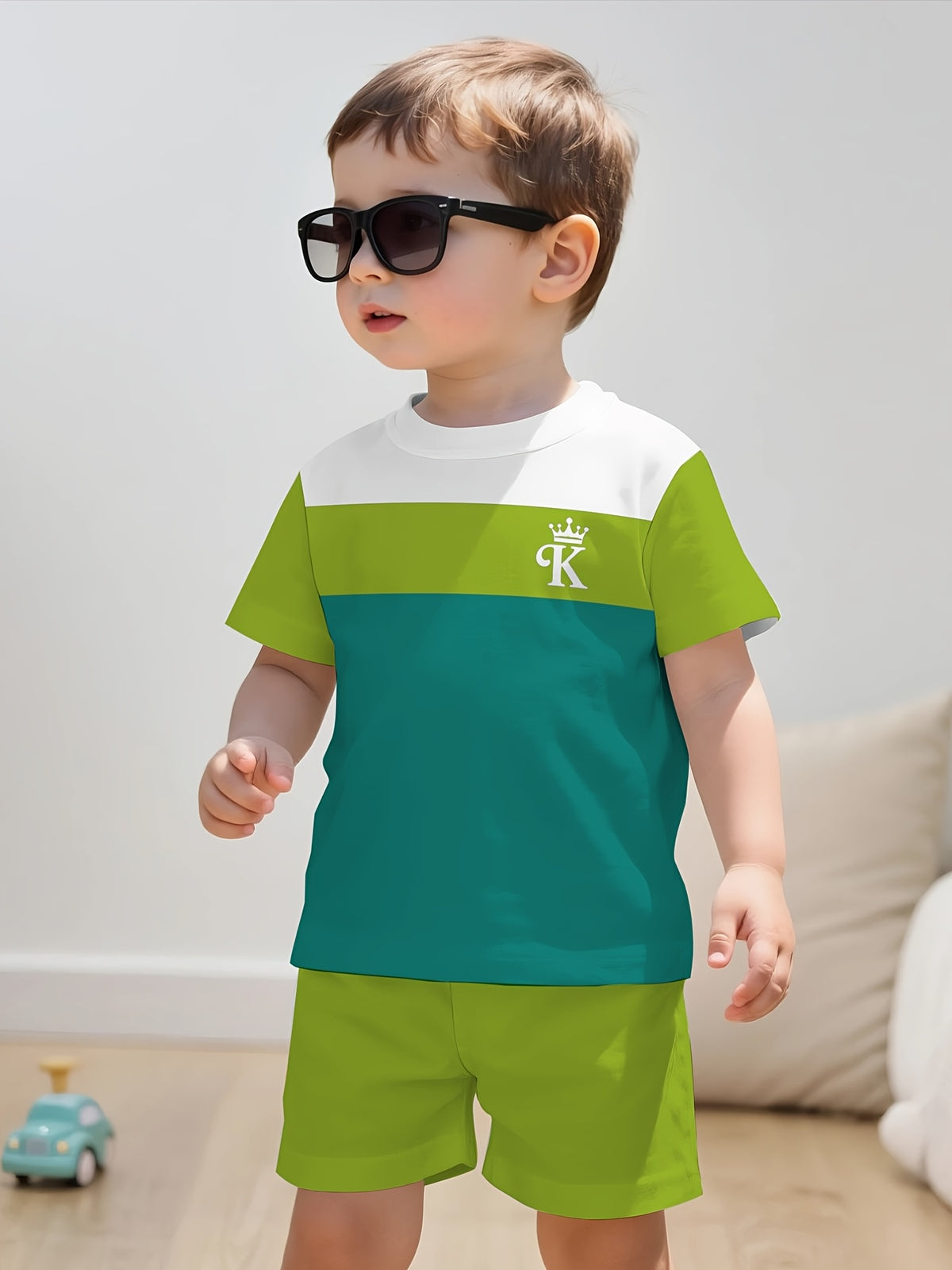 Boys' Casual Summer Short Set with Crown Letter K Print