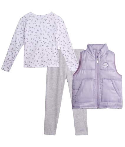 Girls 3 Piece Puffer Vest, Shirt & Flare Leggings Set