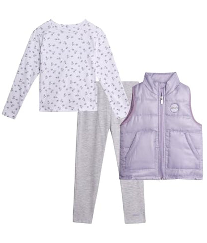 Girls 3 Piece Puffer Vest, Shirt & Flare Leggings Set