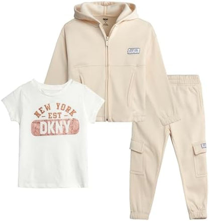 DKNY Baby Girls' 3-Piece Fleece Hoodie, Jogger & Tee Set