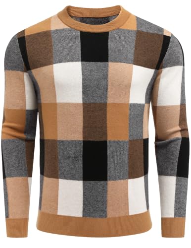 Men's Plaid Crew Neck Knit Sweater Long Sleeve Pullover