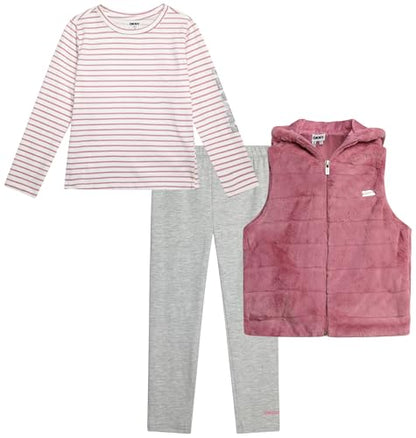 Girls 3 Piece Puffer Vest, Shirt & Flare Leggings Set