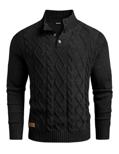 Men's Cable Knit Henley Sweater with Ribbed Stand Collar
