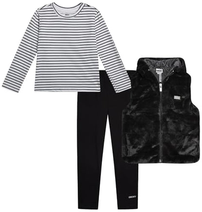 Girls 3 Piece Puffer Vest, Shirt & Flare Leggings Set