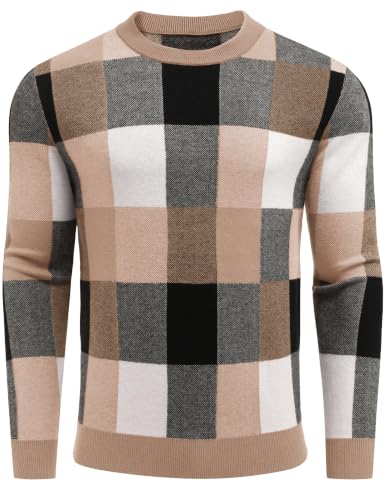 Men's Plaid Crew Neck Knit Sweater Long Sleeve Pullover
