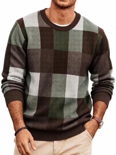 Men's Plaid Crew Neck Knit Sweater Long Sleeve Pullover