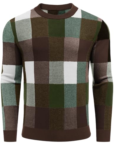 Men's Plaid Crew Neck Knit Sweater Long Sleeve Pullover