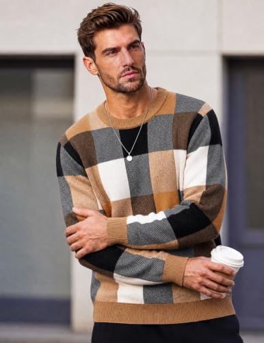 Men's Plaid Crew Neck Knit Sweater Long Sleeve Pullover