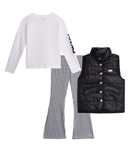 Girls 3 Piece Puffer Vest, Shirt & Flare Leggings Set