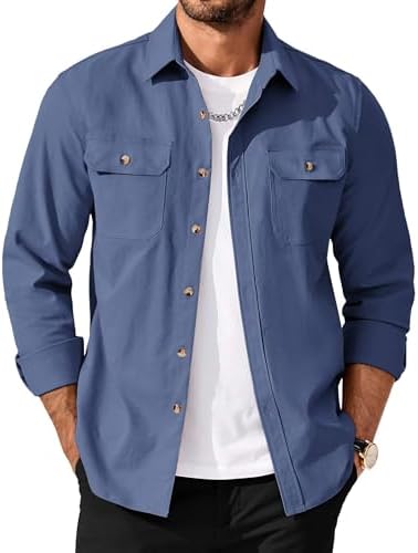 Men's Long Sleeve Button-Up Shirt Jacket with Flap Pockets