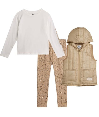 Girls 3 Piece Puffer Vest, Shirt & Flare Leggings Set