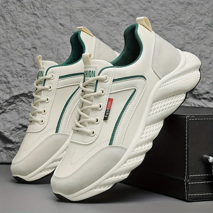 Men's Retro Sneakers - White  Green Accent Lace-Up Shoes, Cushioned PVC Sole for All-Day Comfort, Low-Top Sneakers for Gym, Office, Casual Attire - Model HX-7, Gym Footwear, Sleek Casual Style, Fabric Upper, Durable Traction