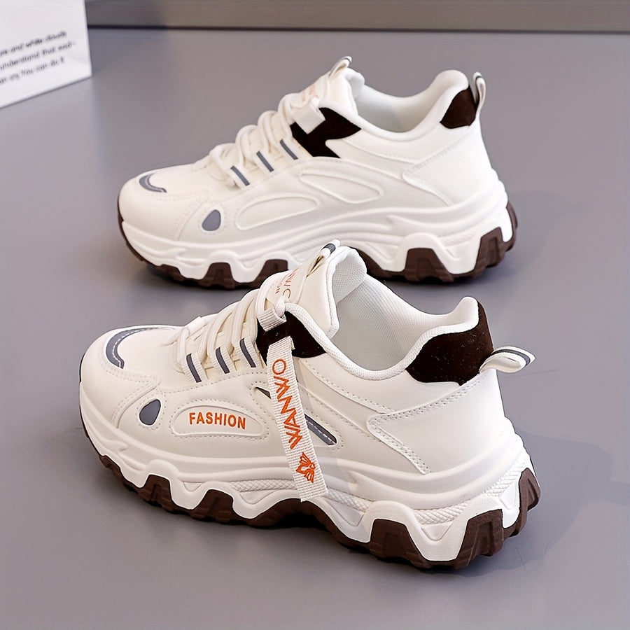 Women'S Fashion Sneakers - White Low-Top Lace-Up with Thick Sole, Stylish Tassel Detail, Lightweight All-Season Hiking and Walking Shoes, Casual Outdoor Footwear Trendy Casual Shoes Lightweight Footwear