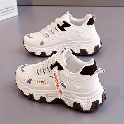 Women'S Fashion Sneakers - White Low-Top Lace-Up with Thick Sole, Stylish Tassel Detail, Lightweight All-Season Hiking and Walking Shoes, Casual Outdoor Footwear Trendy Casual Shoes Lightweight Footwear