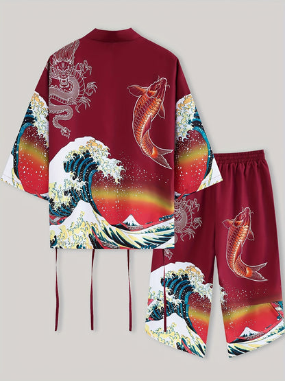 Men's Kimono Set with Carp Leaping Over the Dragon Gate Pattern