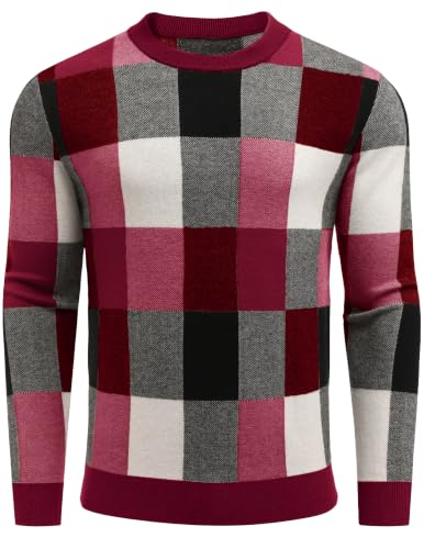 Men's Plaid Crew Neck Knit Sweater Long Sleeve Pullover