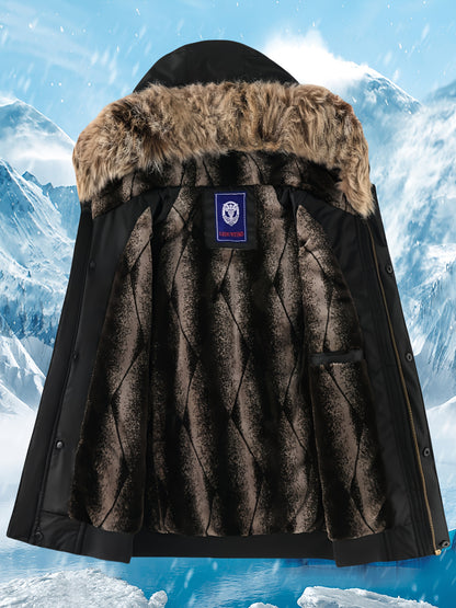 Men's Winter Coat - New Warm Hooded Jacket with Golden Print Accents, Loose Fit Casual Outerwear for Cold Weather, Machine Washable, Thick Comfort Plush Lining